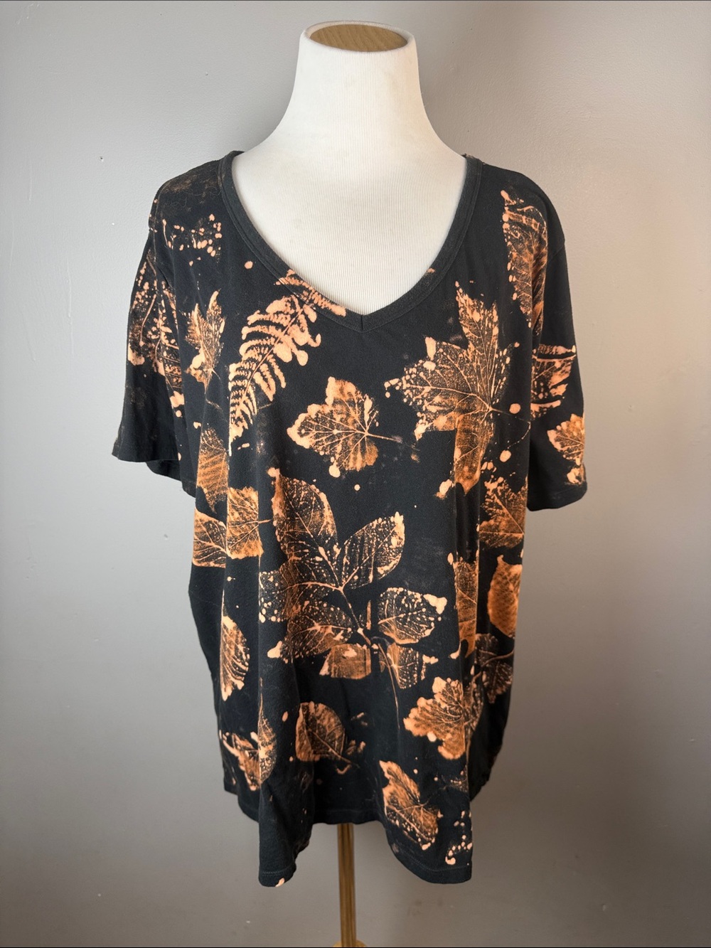 Black V-Neck Tee with Orange Leaf Print